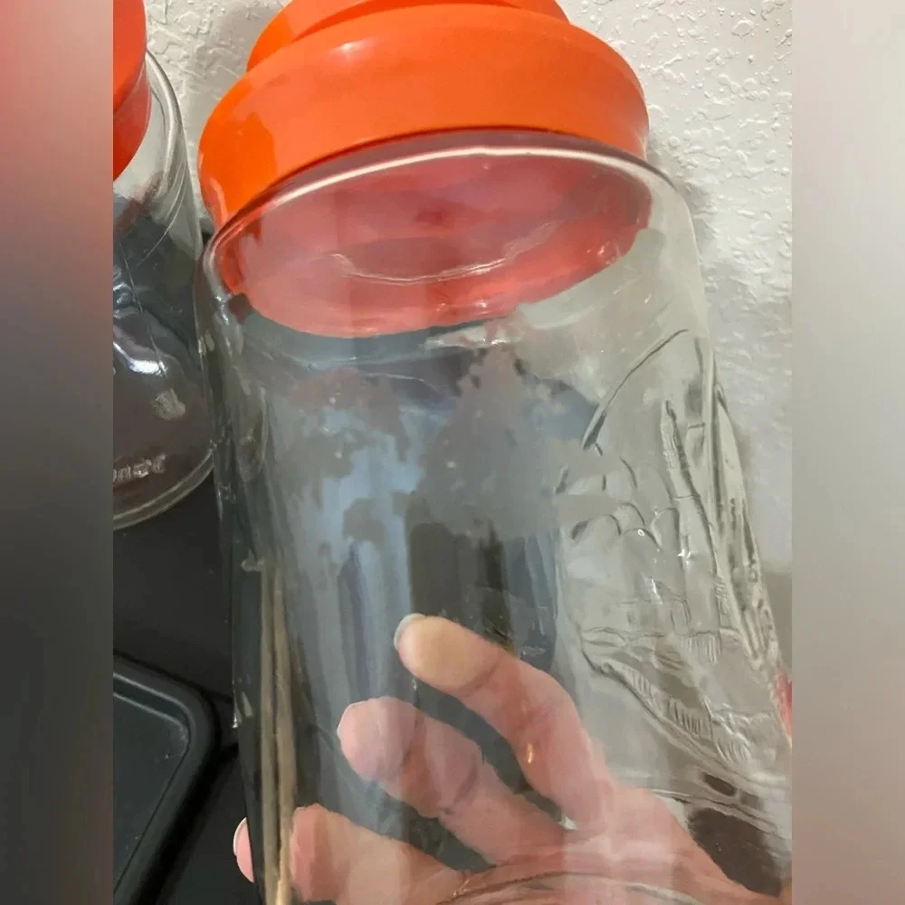 Set of 2 Anchor Hocking Glass Tang Jar Orange Lid Lighthouse Storage Canister